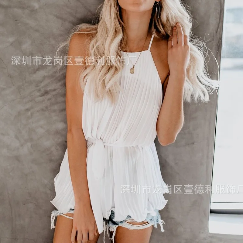 

Waist Strap Sleeveless Round Neck Solid Color Fashion Spring and Summer T-shirt Crop Top Women Sexy Ruffled Strappy Chiffon Top