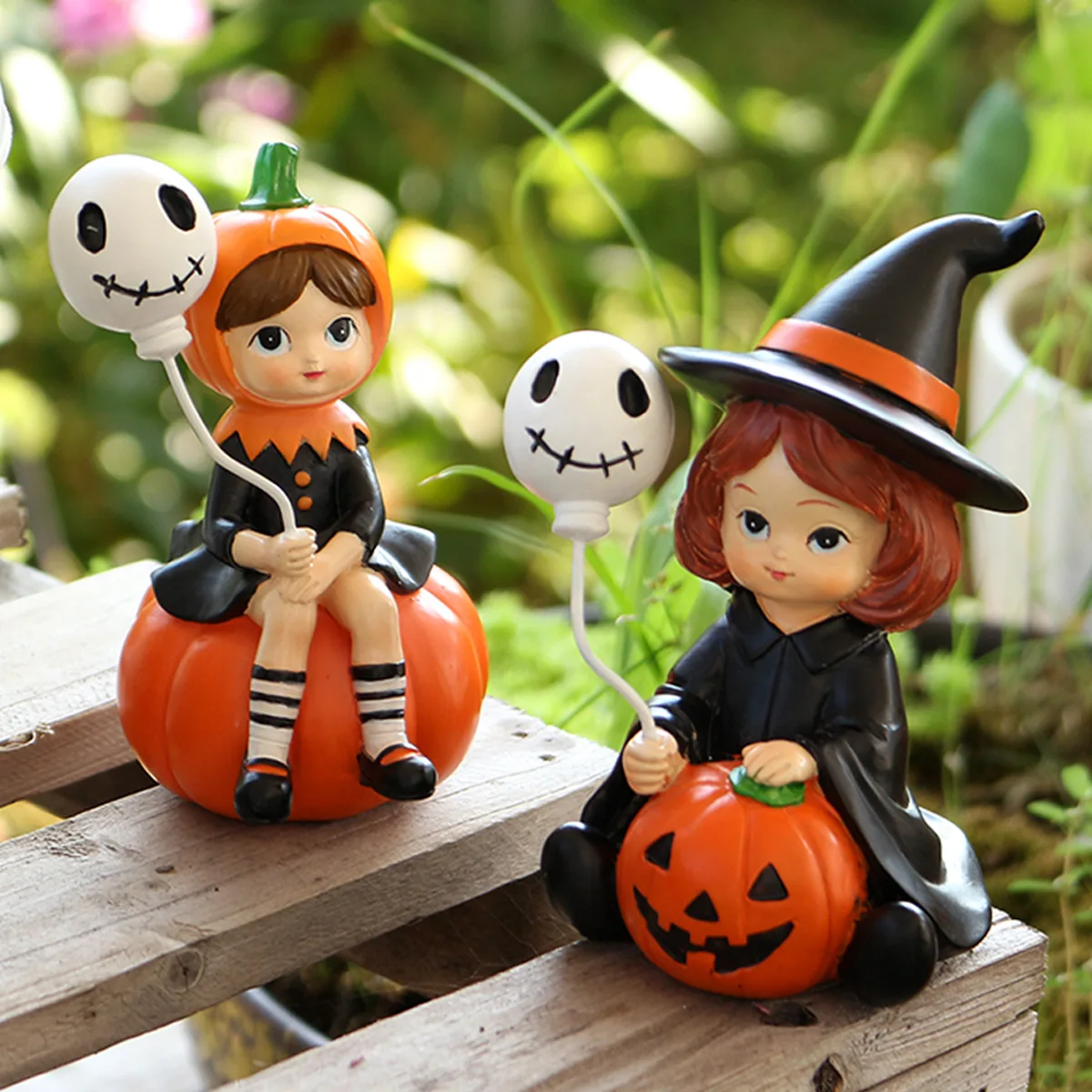 New Balloon Pumpkin Witch Statue Ornament Set Resin Home Garden Halloween Decoration Crafts