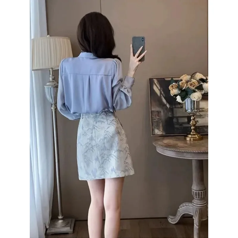 Temperament 2025, Anzug, französischer eleganter Button-Down-Hemdrock, neues langärmeliges zweiteiliges Set, neuer chinesischer Stil