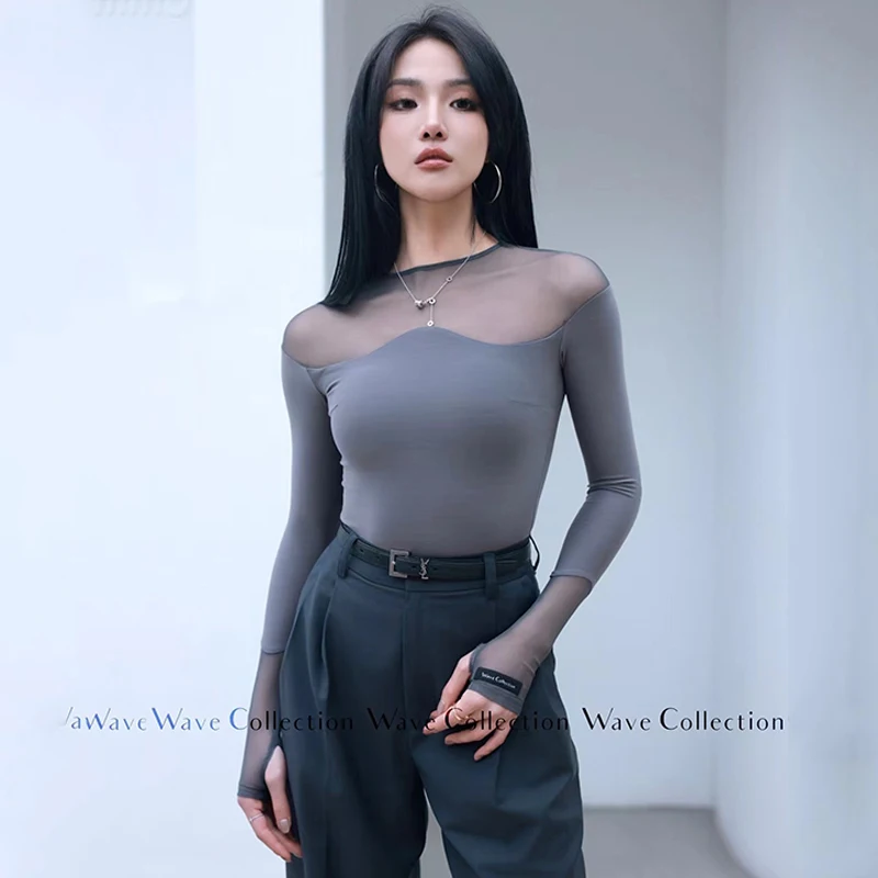 Latin Dance Clothes Women Wave Mesh Shoulder Long Sleeves Tops Adult Ballroom Dance Practice Wear Rumba Dance Leotard DNV19271