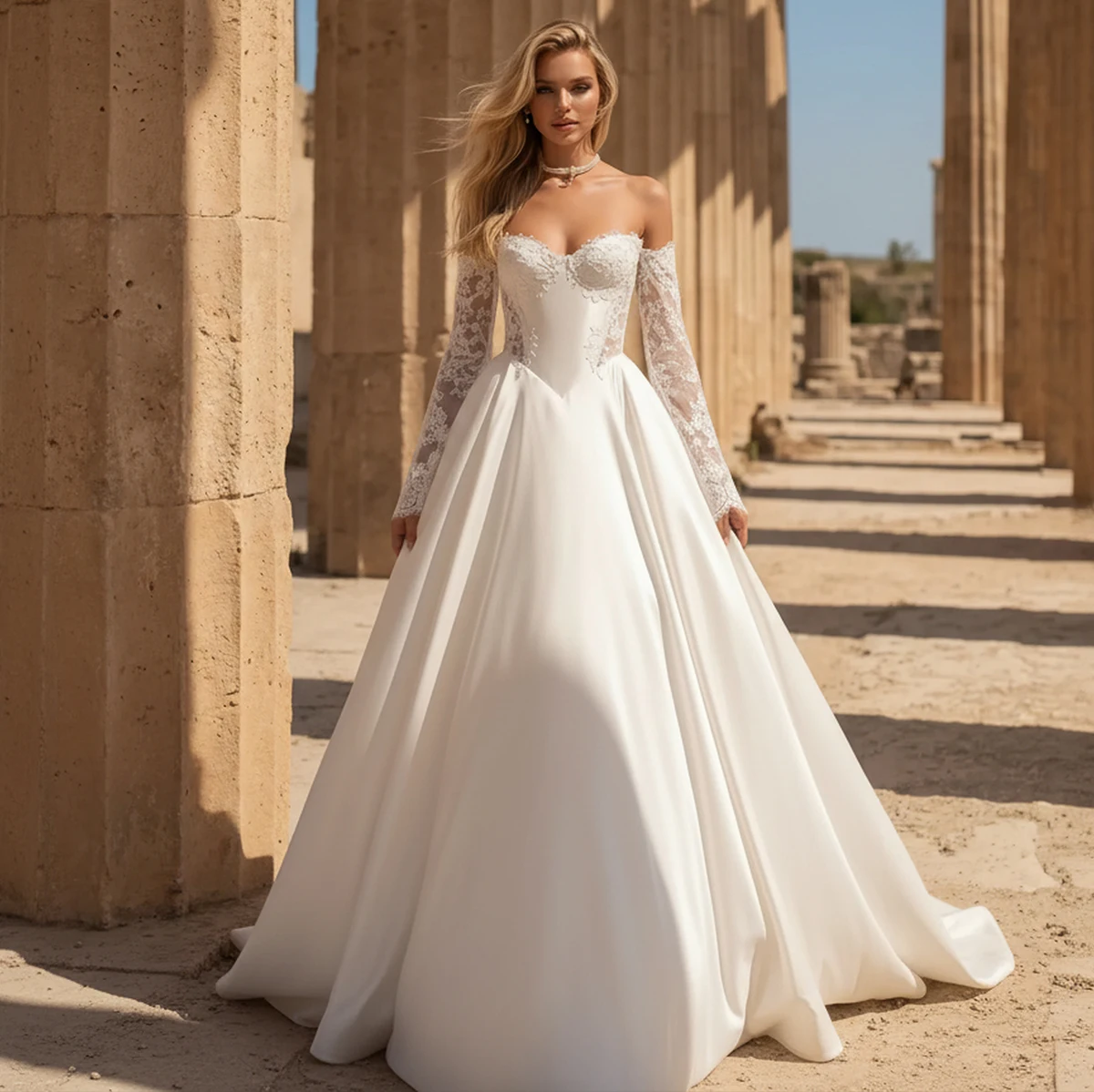 

Simple Appliques Lace Wedding Dress With Train Long Sleeve Sweetheart Ball Gown For Women Satin Bridal Party Gown Vestidos Novia