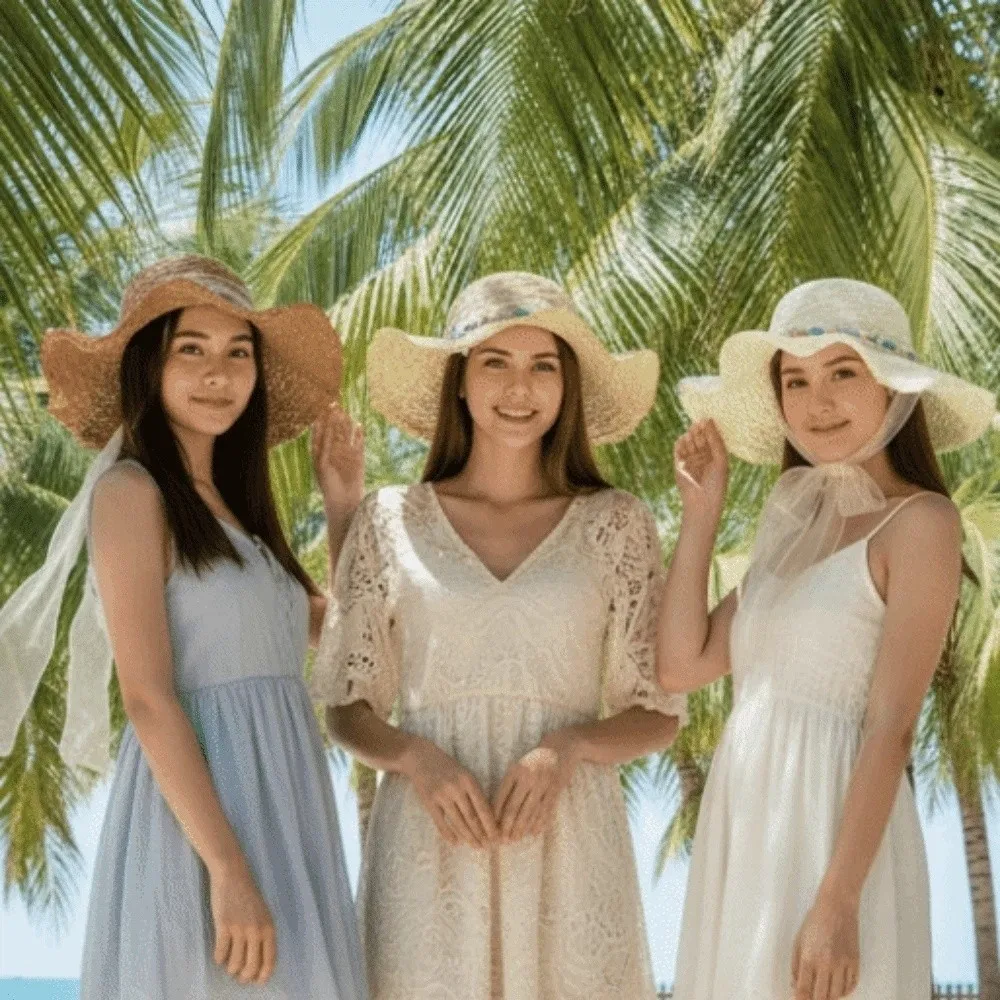 Live Show Breathable Vacation Beach Cap Lightweight with Turquoise Big Brimmed Straw Hat with Lace Sombrero Woven Sun Cap Daily
