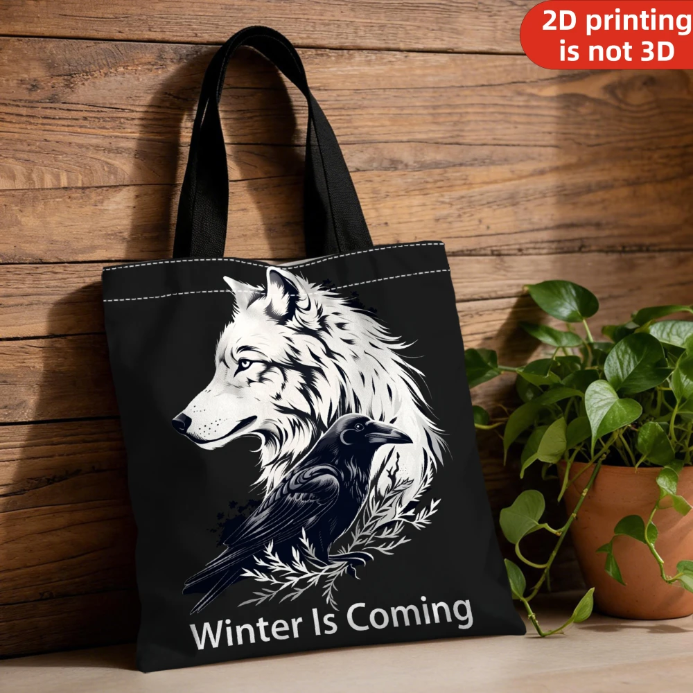 Black White Wolf And Raven Winter Is Coming Print Stylish Shoulder Carrier For Subway Commute Daily Shopping Travel Outdoor