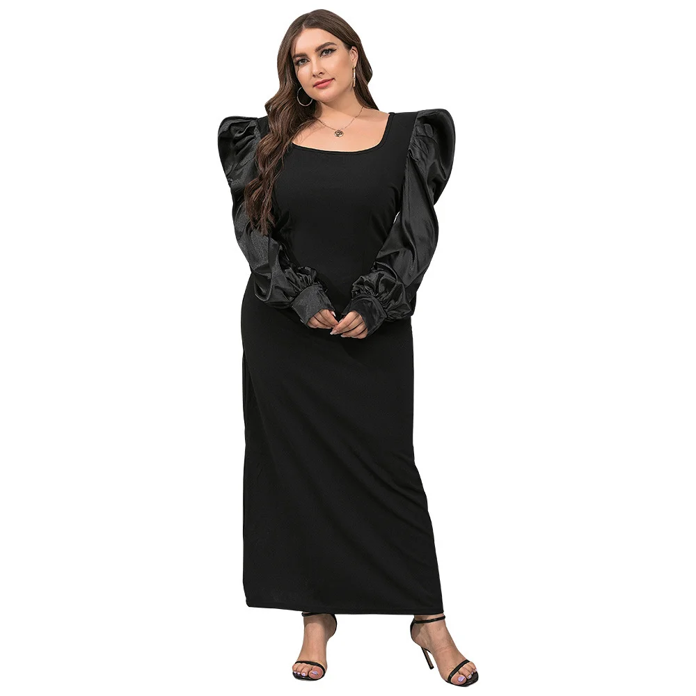 New Plus Size Women Dresses Fashion Square Neck Bubble Sleeve Loose Elegant Dress Casual Elegant Splicing Solid Color Dress 2023