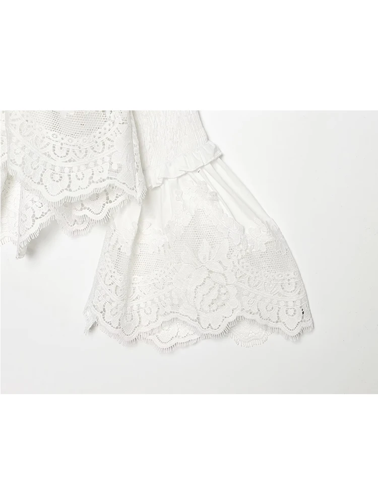 TFMLN Women's Lace Embroidery Blouse 2026 Elegant Stand Collar Long Flare Sleeve Lace-up Loose Vintage Party Shirt Summer New - view 5