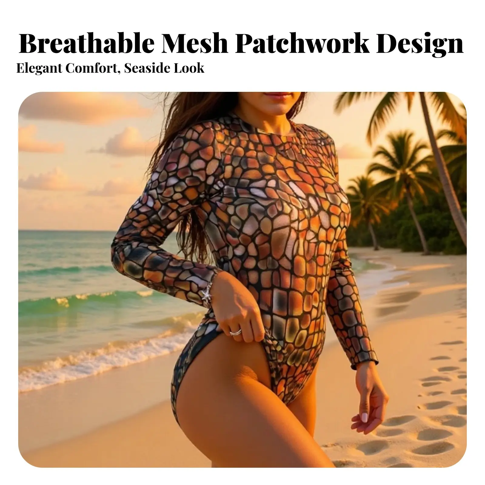 

Сетчатый купальник с длинными рукавами для защиты от солнца, с принтом, для серфинга, с эффектом похудения, женский, с высоким вырезом