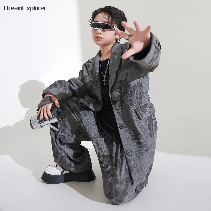 Children Hip Hop Flowers Blazers Jacket Suit Pants Boys Street Dance Loose Coat Clothes Sets Girls Streetwear Kids Jazz Costumes