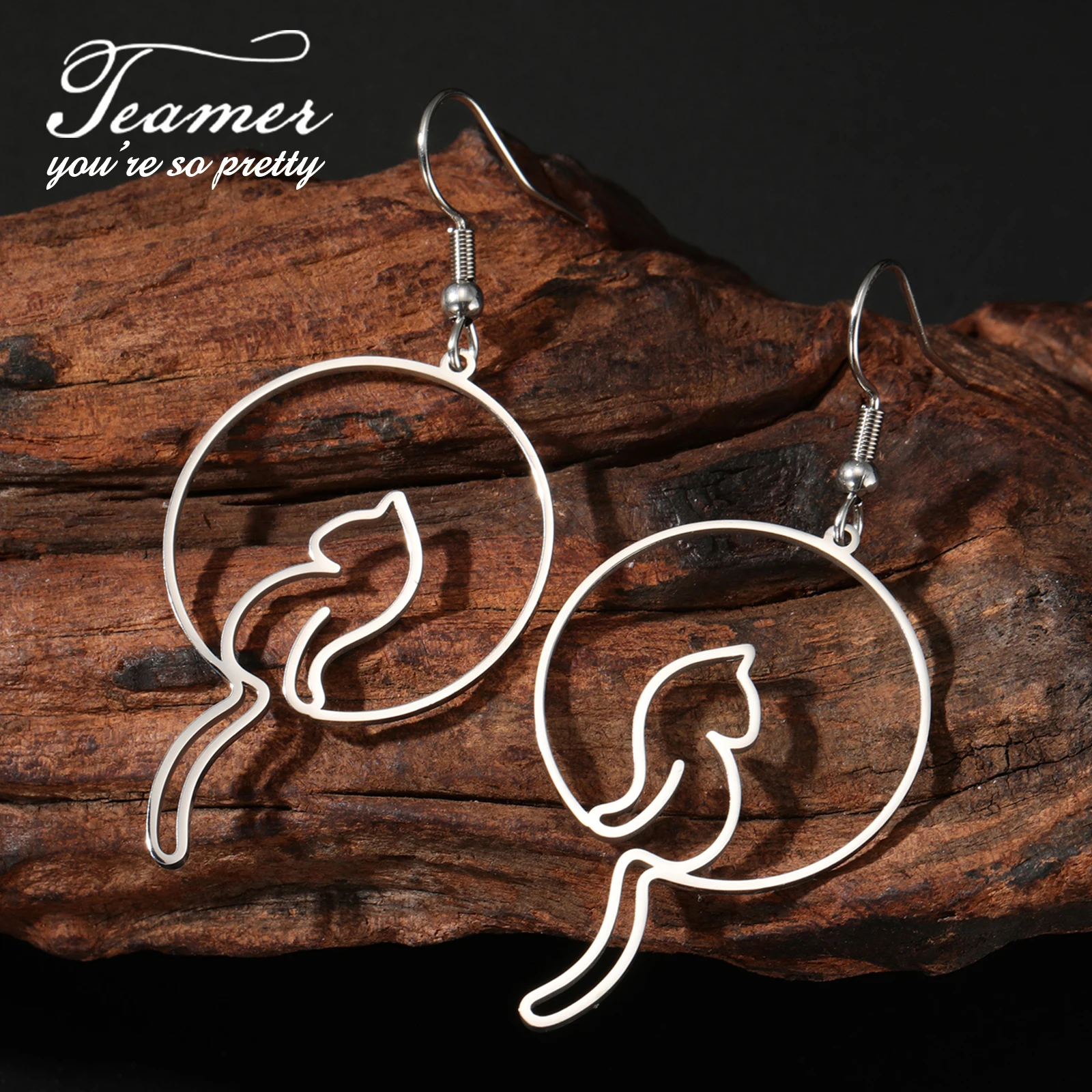 Teamer Cute Cat Kitten Dangle Earrings Stainless Steel Elegant Round Pendant for Women Minimalist Jewelry Valentine's Day Gifts