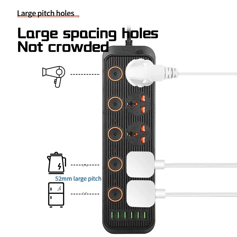 Universal 3000W Power Strip Socket US EU UK AU KR Plug 4 6 Outlet with USB Separate Switch Lightning Protection Extension Socket