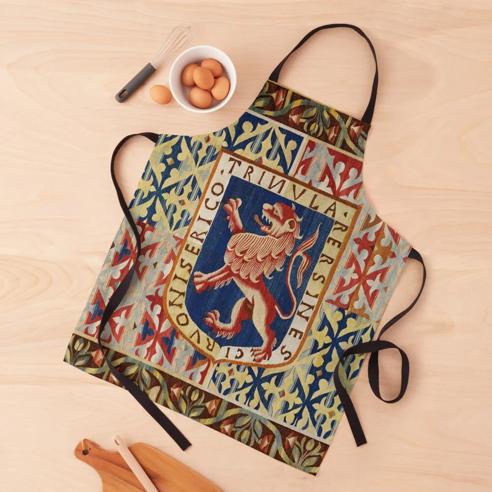 ANTIQUE FLEMISH HERALDIC TAPESTRY WITH RAMPANT LION Red Blue Yellow Hues Apron Chef Uniform Woman kitchen utensil Apron