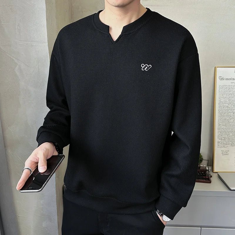 Men's long-sleeved T-shirt without hood V-neck spring and autumn 2025 new niche bottoming shirt top clothes trendy brand casual