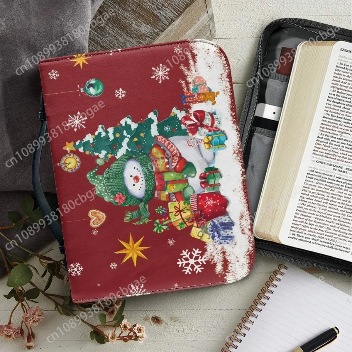 

Christmas Snowman Gifts Happy Pattern Bible Cover Case Women's Bible Storage Bag Pu Leather Zippered Handbag for Christmas Gifts