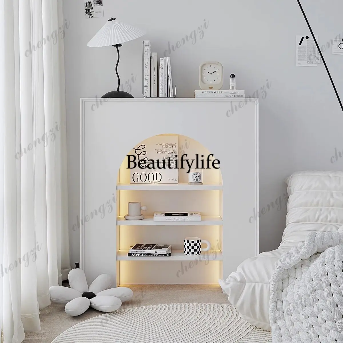 French Fireplace Decorative Cabinet White Shelf with Light Arch, Scene, Living Room Display Narrow Cabinet