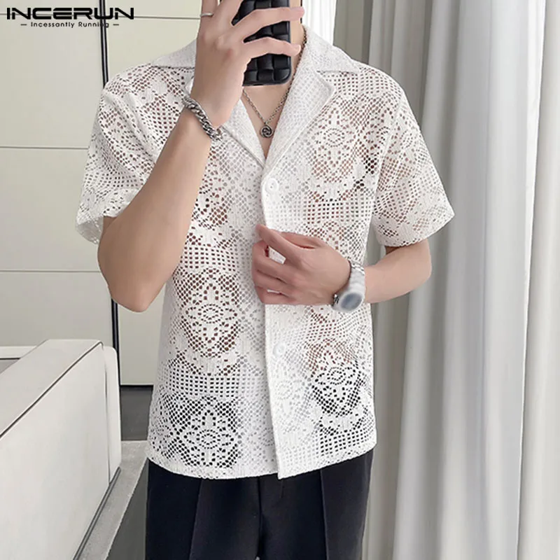 

INCERUN Men Shirt Lace Transparent Hollow Out Lapel Short Sleeve Sexy Men Clothing Summer Streetwear 2024 Fashion Casual Shirts