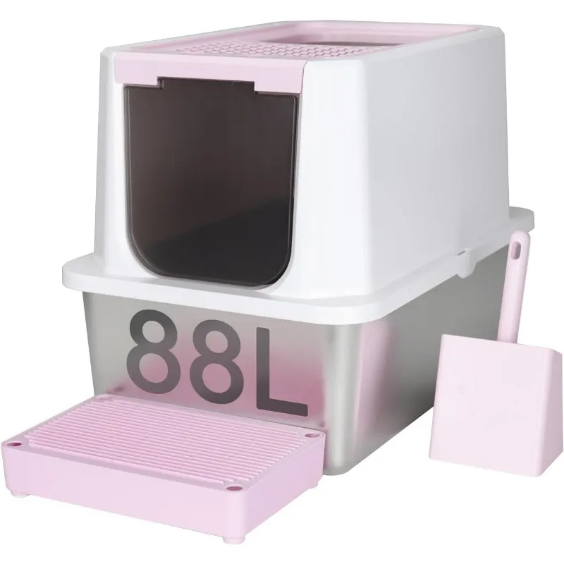 Stainless Steel Cat Litter Box, Semi-Enclosed Litter Box with Raised Edges, Anti-Leakage & Odorless, Large Litter Box