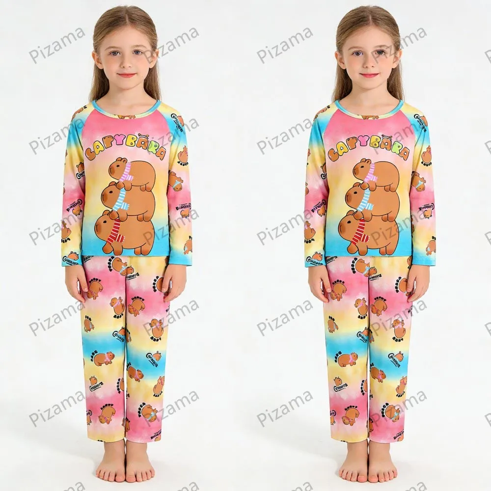 Girls Capybara Home Pajamas Set Spring Autumn Girls Boys Clothes Capibara Kid Nightgown Trousers Children Long Sleeves Pijamas