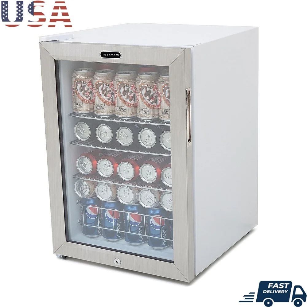 1.7 Cubic Foot Beverage Refrigerator 90 Can Capacity Stainless Steel Compact with Slide-Out Shelves Double-Pane Glass Doors Key