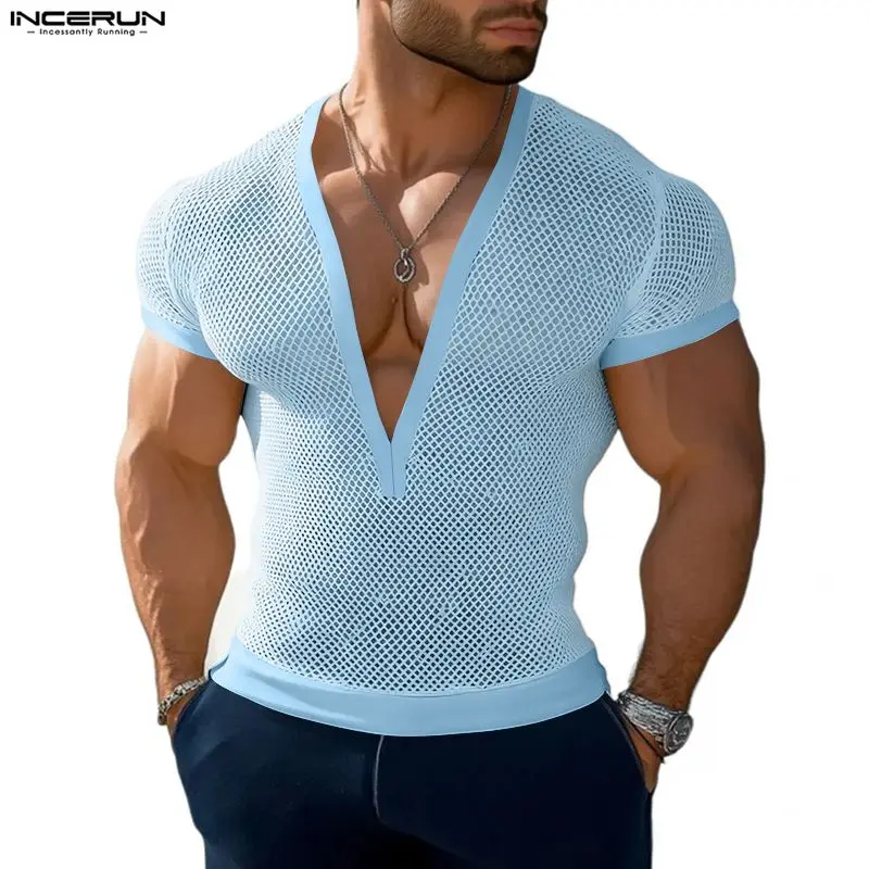 INCERUN Herren T-Shirt Mesh Durchsichtig V-Ausschnitt Kurzarm Männer Tee Tops Sexy 2026 Streetwear Mode Party Herrenkleidung Camisetas
