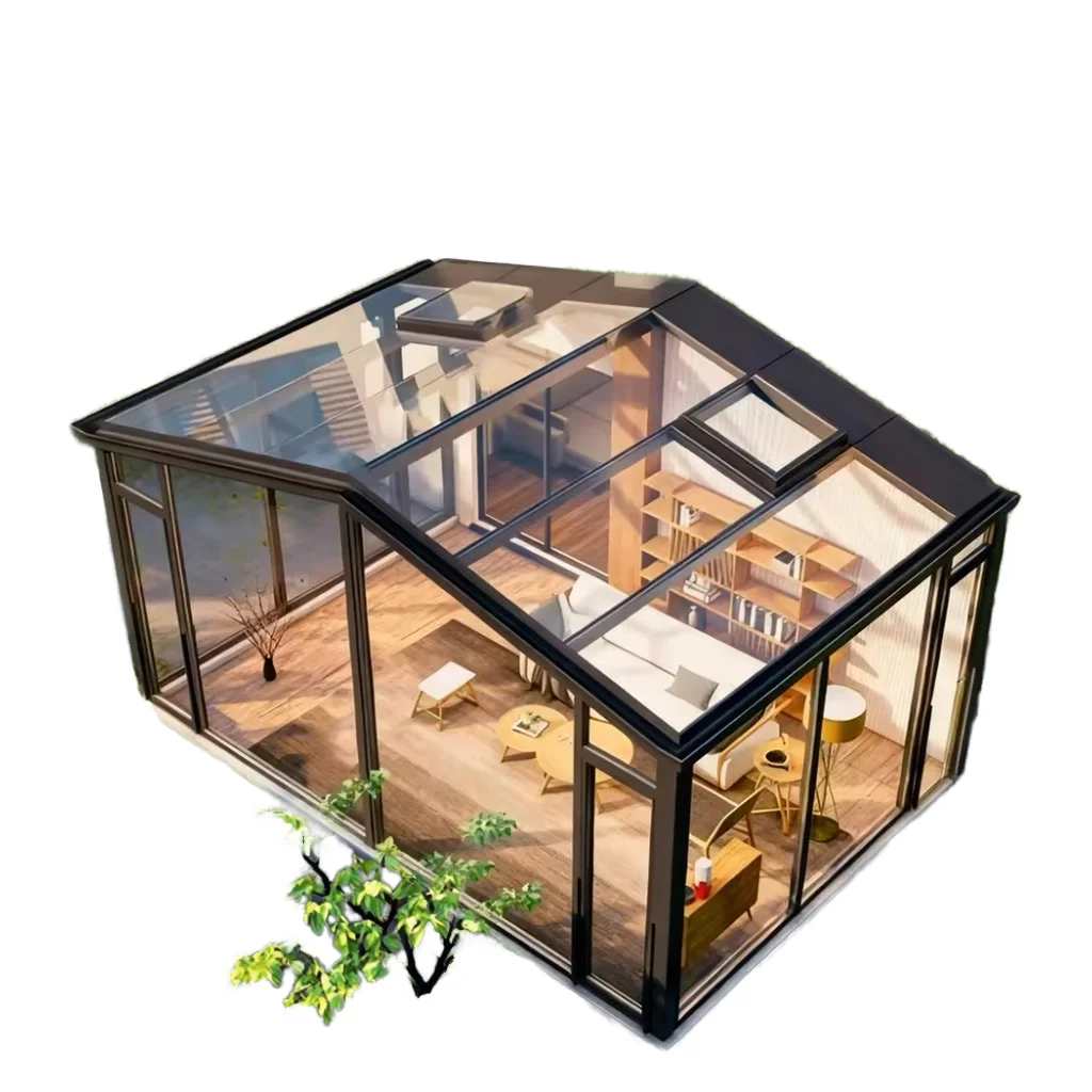 Modern Sloped Roof Aluminum Alloy Frame Glass House Double Layer Tempered Insulated Sunroom For Villa Patio Garden
