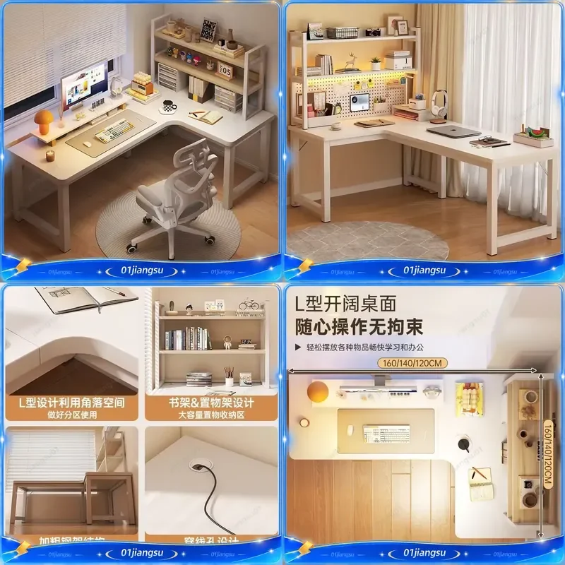 L Shaped Computer Desk with Storage Shelf Corner Office Desk Solid Wood Study Workstation Table for Home Bookshelf Gaming
