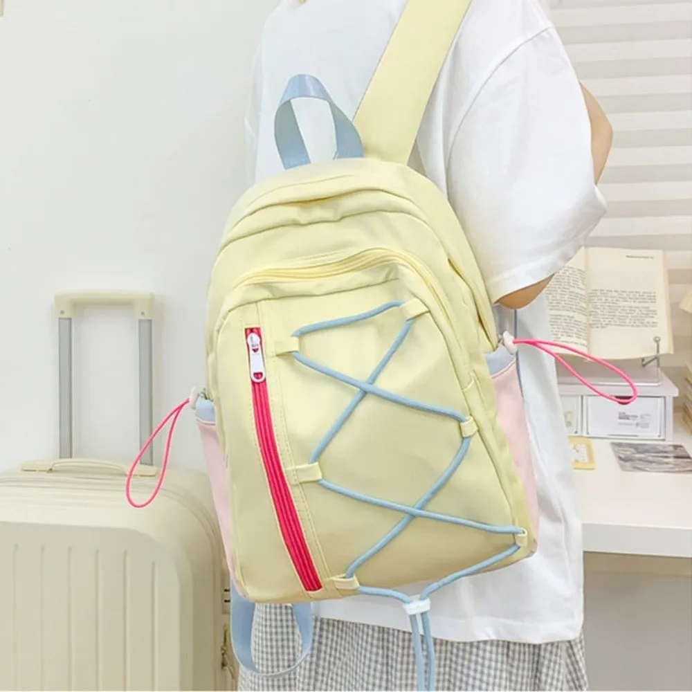 Multi-pockets Drawstring Backpack Large Capacity Solid Color Student School Bag Cloth Dopamine Travel Rucksack