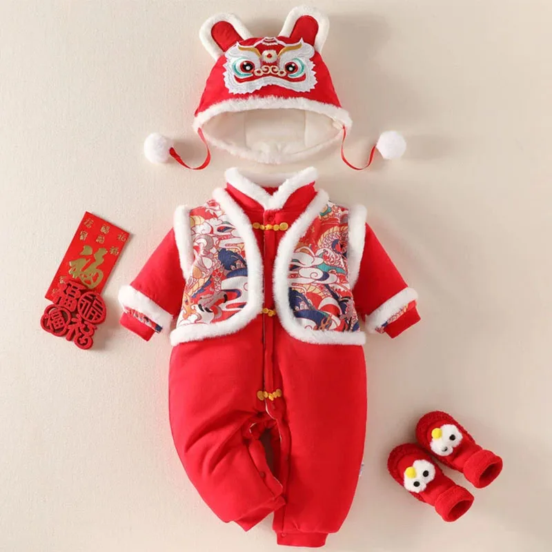 Vêtements d'hiver pour bébés garçons et filles, 2 pièces, Style chinois, dessin animé mignon, combinaisons rouges chaudes et plus épaisses + chapeau, barboteuse pour bébé, articles pour nouveau-nés