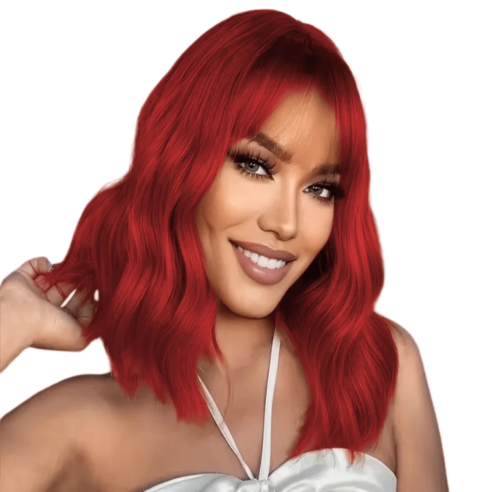 

Красный короткий вьющийся парик с челкой 14-дюймовый волнистый парик длиной до плеч для женщин, натуральный вид вьющихся волос Боб с челкой для использования на дочь