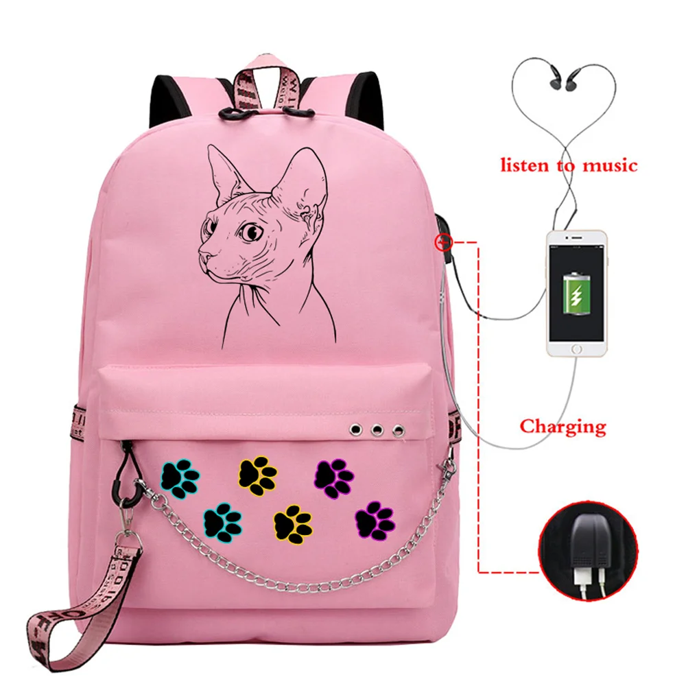 Usb Charging School Bags for Teenage Girls Sphynx Cat Kawaii School Backpack Bag Student School Bags Zipper Backpack Mochilas