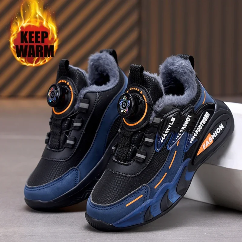 Winter Plush Children’s Sneakers New Rotating Buckle Non-Slip Warm Kids Shoes for Boys Lightweight Casual Cotton Shoes