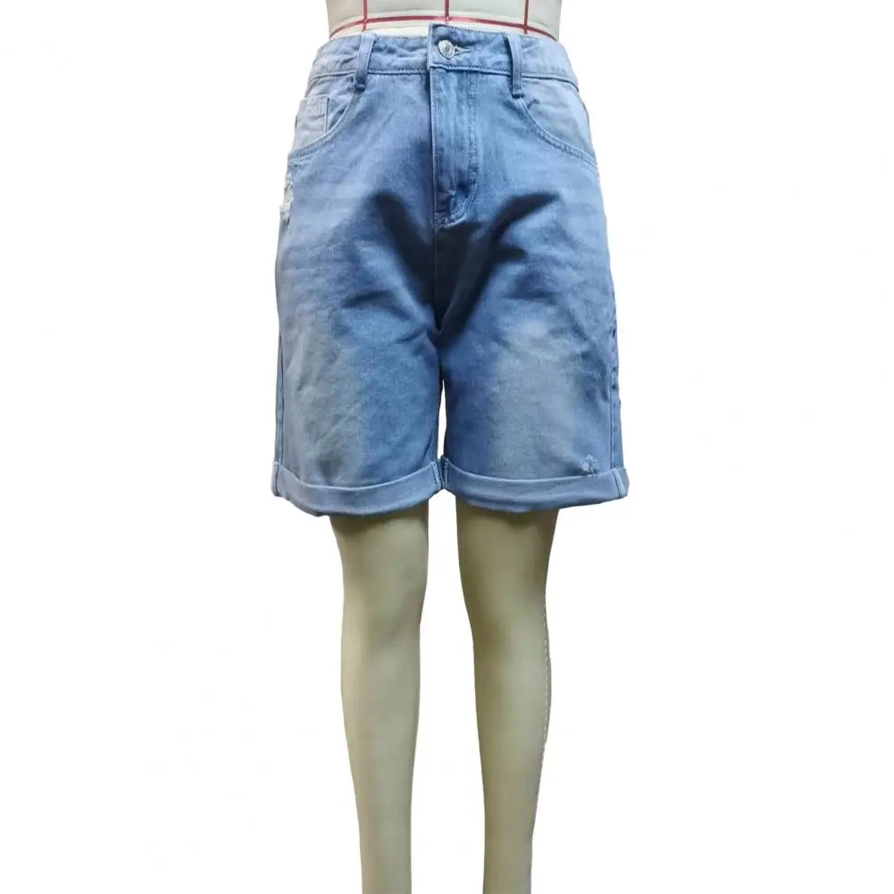 Distressed Denim Shorts Stijlvolle denim shorts met middelhoge taille voor dames Knielange Distressed Jeans met zakken Comfortabel