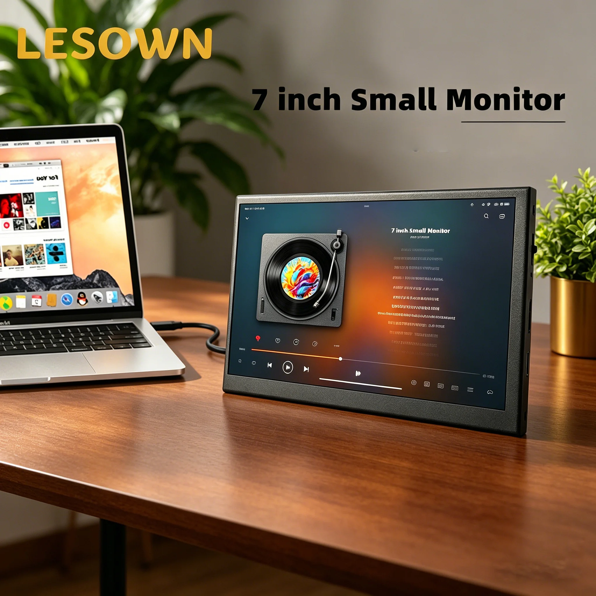 LESOWN 7in Ultra Slim USB C Small Display 1024x600 IPS LCD Plug & Play Second Screen Portable Monitor for Music lyrics playback