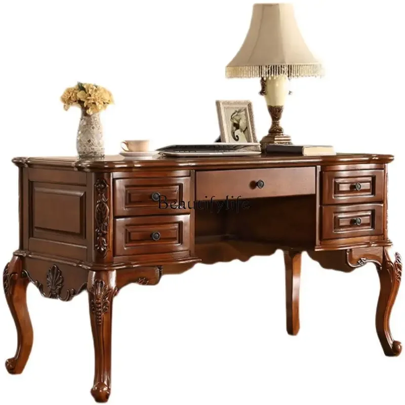 LXالخشب الصلب مكتب الكمبيوتر المنزلي الرجعية مكتب الكتابة القديمة النمط الأوروبي طاولة الدراسة SSS