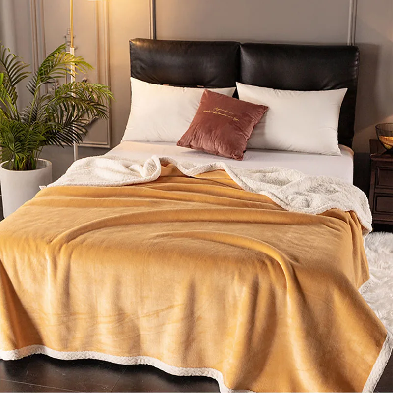 European Solid Color Double-Layer Velvet Blanket Thick Lamb Wool Sofa Blanket for Office Home Keep Warm Skin-Friendly Bed Sheet