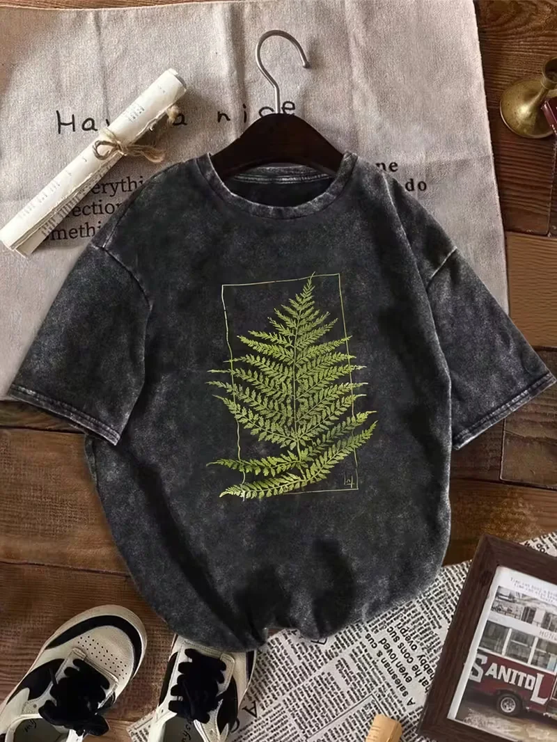 Vintage Washed T-shirt with Fern Leaf & Botanical Print - Soft Relaxed Fit Short Sleeve Round Neck Casual Top,Fern Leaf Shirt