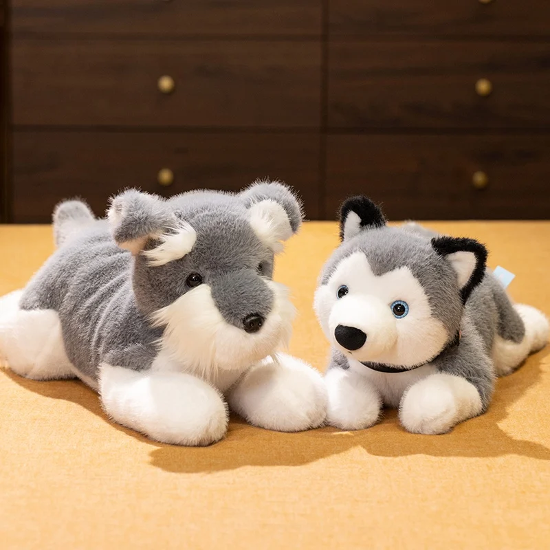 Simulation RealLife Lying Schnauzer Plush Toys Soft Stuffed Fluffy Animals Cute Puppy Husky Dolls for Kids Birthday Gifts Decor