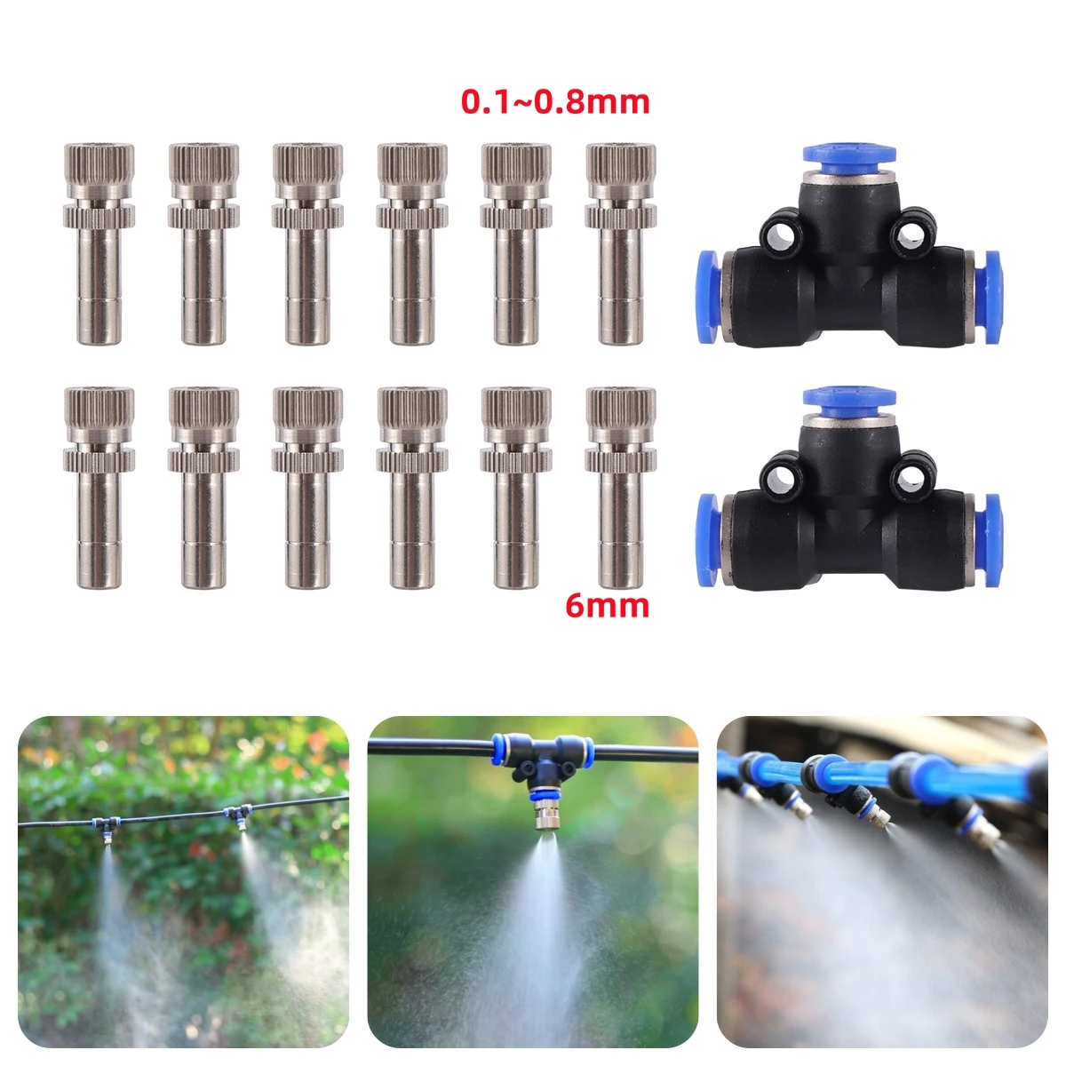 

0.1~0.8mm Two Stage Adjustable Low Pressure Fine Misting Nozzle 6mm Interface Copper Nickel-Plated Sprayer Head and Tee 100Pcs