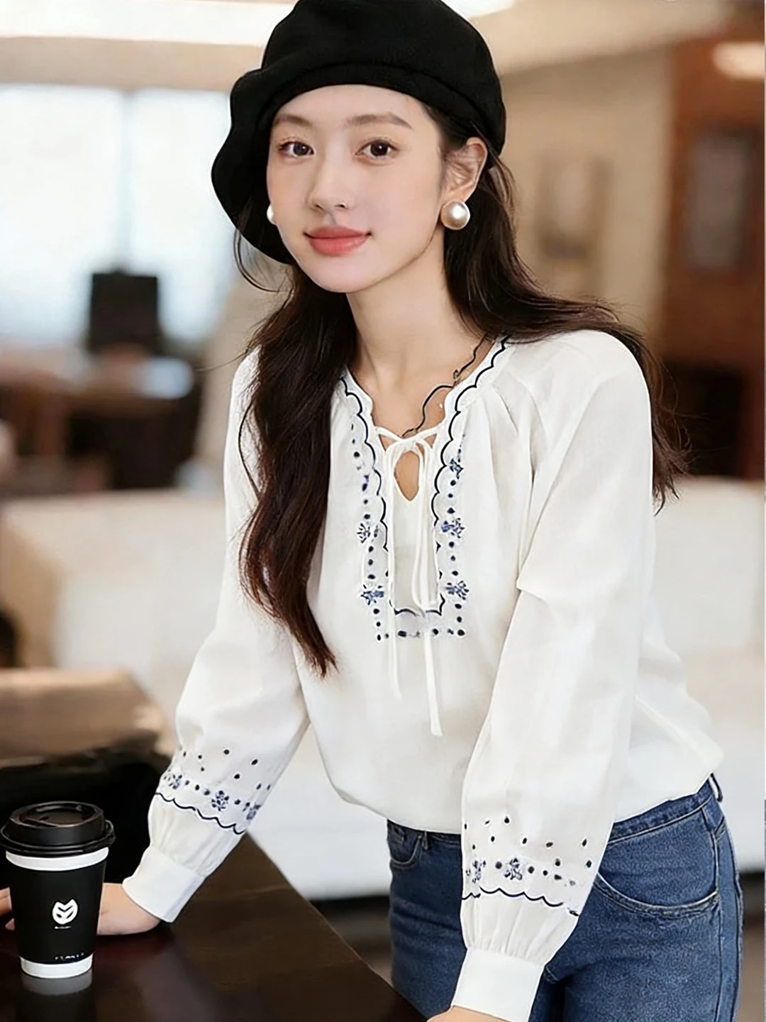 

Романтическая вышитая блузка с поясом и длинными рукавами, женская, весенняя, новый дизайн, свободный крой, базовая модель, элегантный топ во французском стиле, свободный крой