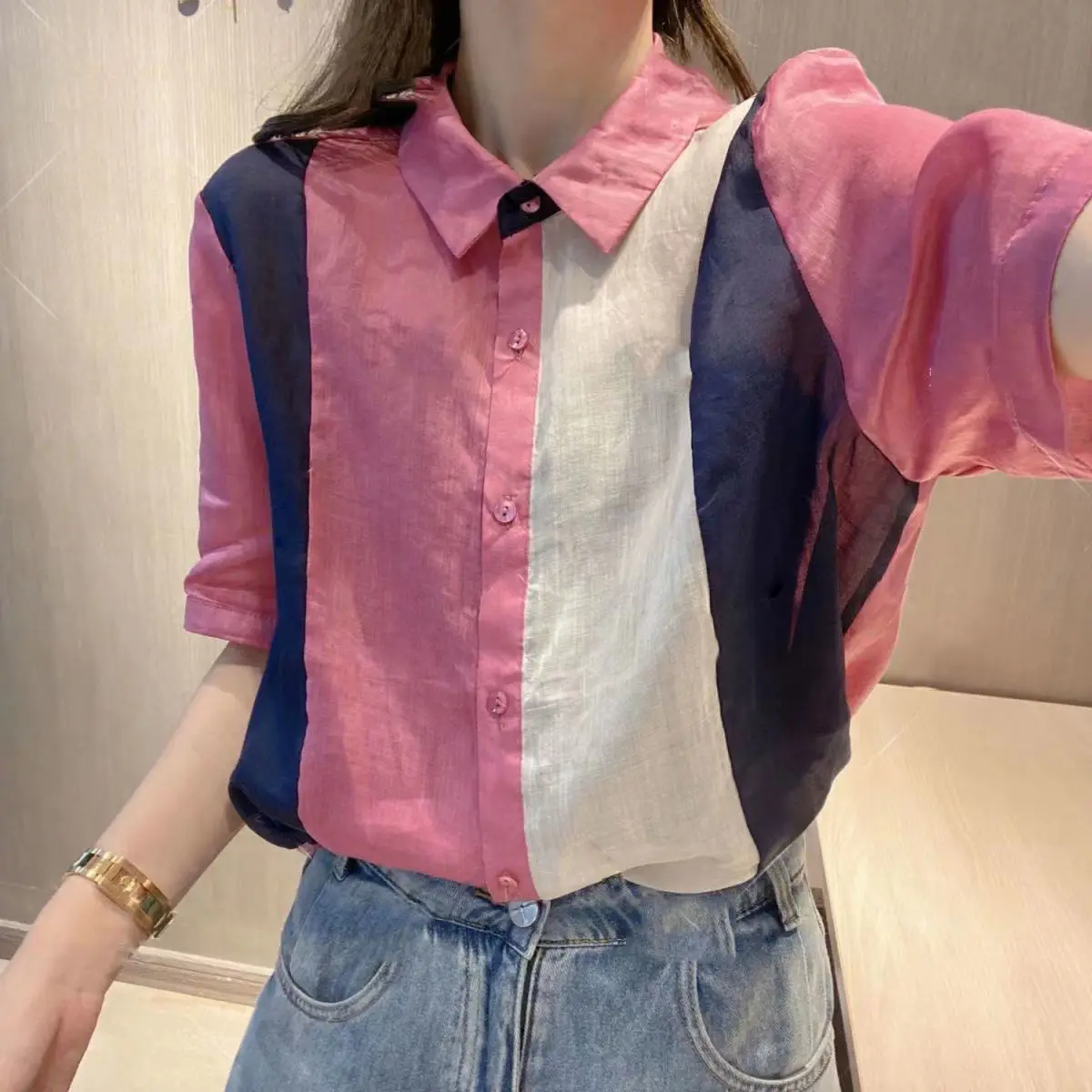 Temperament Splicing Contrasting Color Shirt for Women\'s Summer Age Reducing Loose Slimming Versatile Short Sleeved Chiffon Top