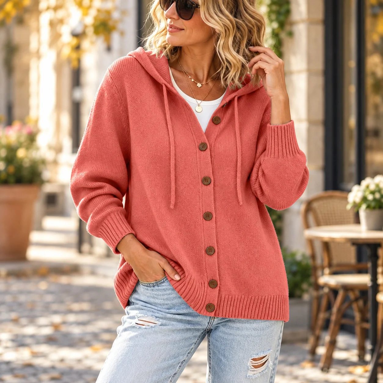 Hooded Button Front Sweater Loose Fit Commuter Chic with Single Breasted Multi Button Mid Long Length Autumn Cardigan for Women