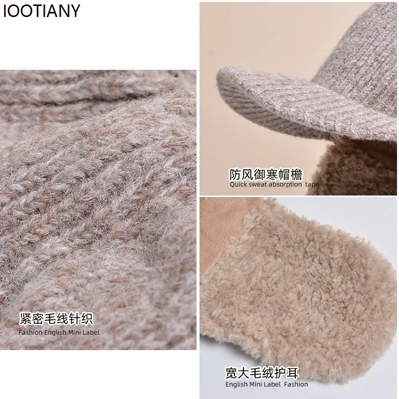 Winter Plush Thick Warm Lei Feng Hat Outdoor Windproof Ear Protection Knitted Warm Plush Caps Skiing Cycling Anti-frostbite Hats