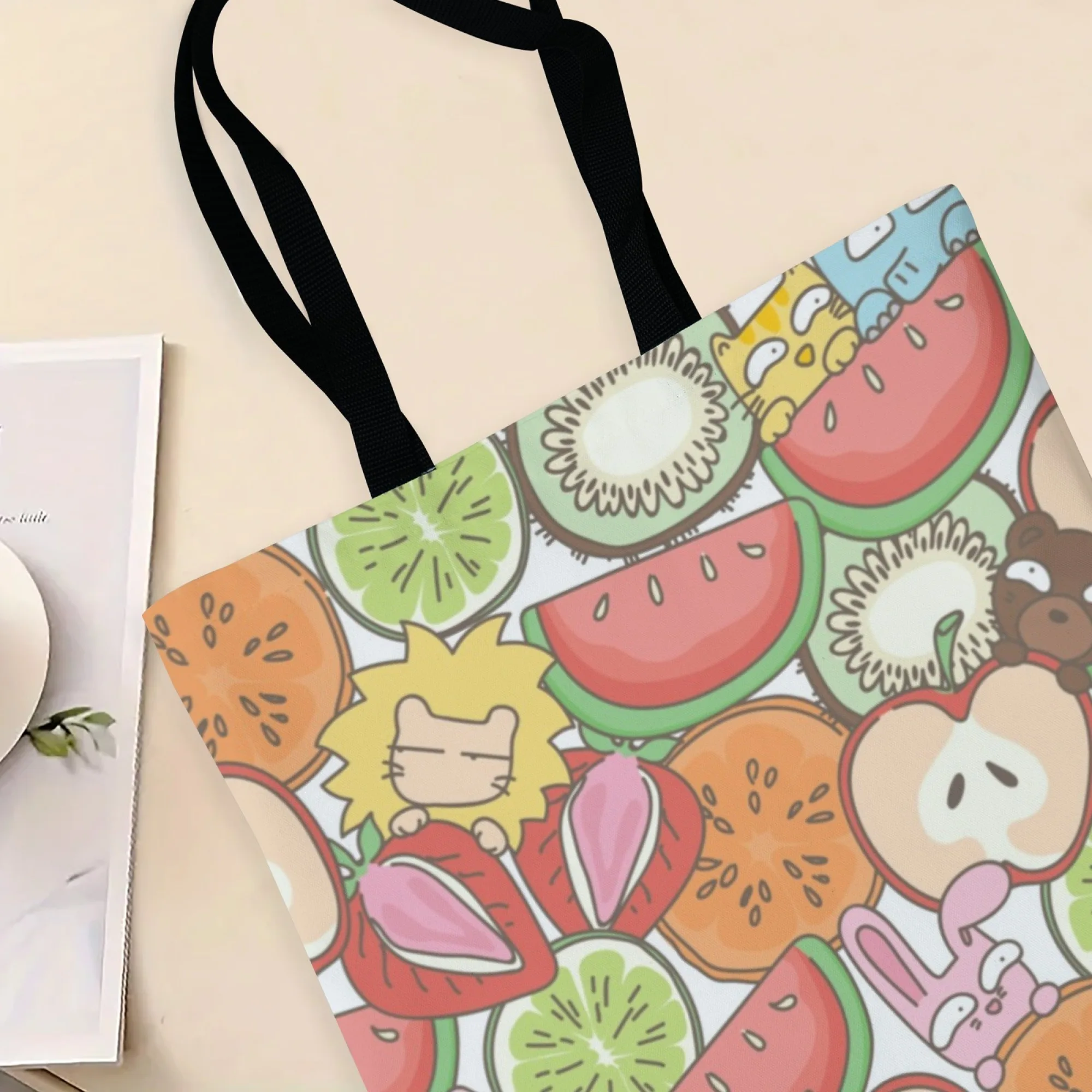 Cartoon Fruit Canvas Tote Bag Kawaii Illustration Shoulder Bag for Women Large Capacity Reusable Shopping Ideal for Daily Use