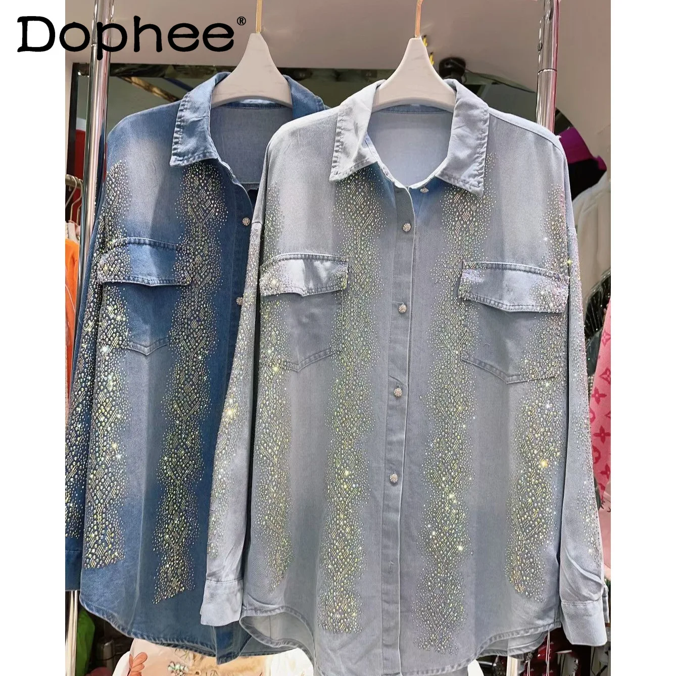 

Hot Drilling Single-Breasted Denim Coat Women 2024 Spring Autumn Fashion Casual Mid-Length Cardigan Long Sleeve Shirts Female