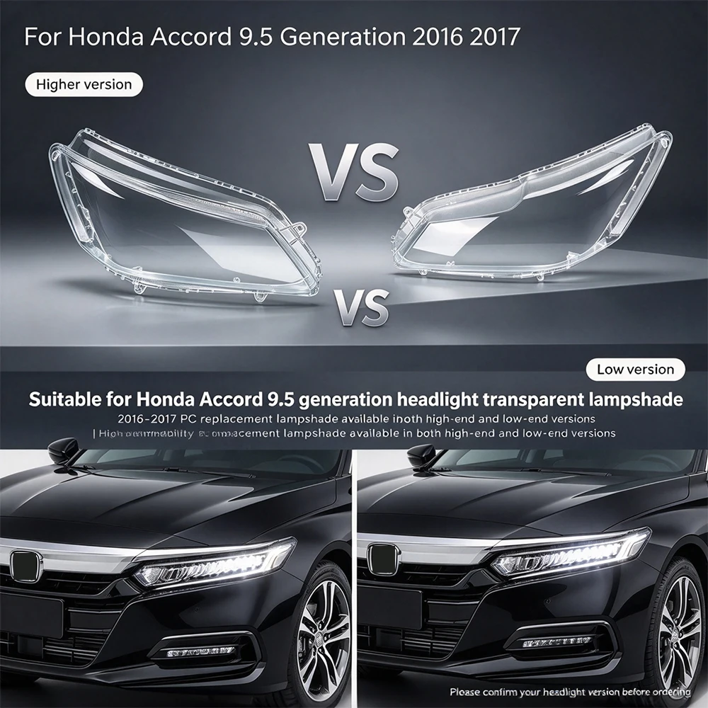For Honda Accord 9.5 Gen 2016 2017 Headlight Lens Cover PC Clear High Low Ver Anti-Yellowing DIY Fix Cracked Faded Lamp Shell