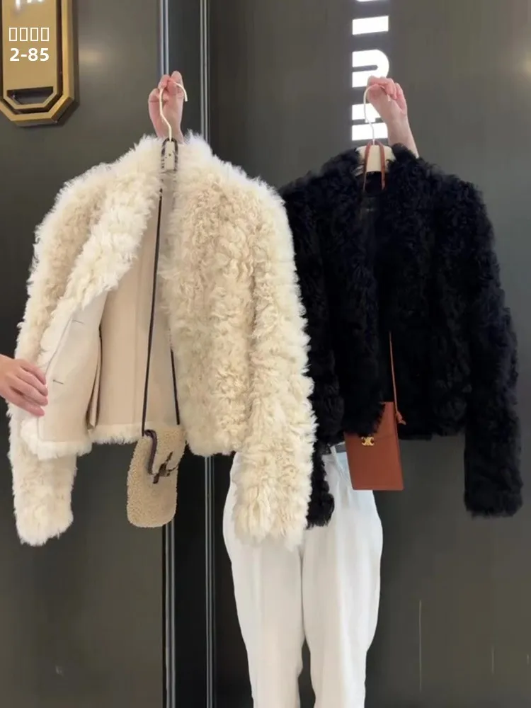 Casaco Feminino Americano Retrô de Couro e Pele de Cordeiro, Novo Lançamento de Inverno Ele Aosphere