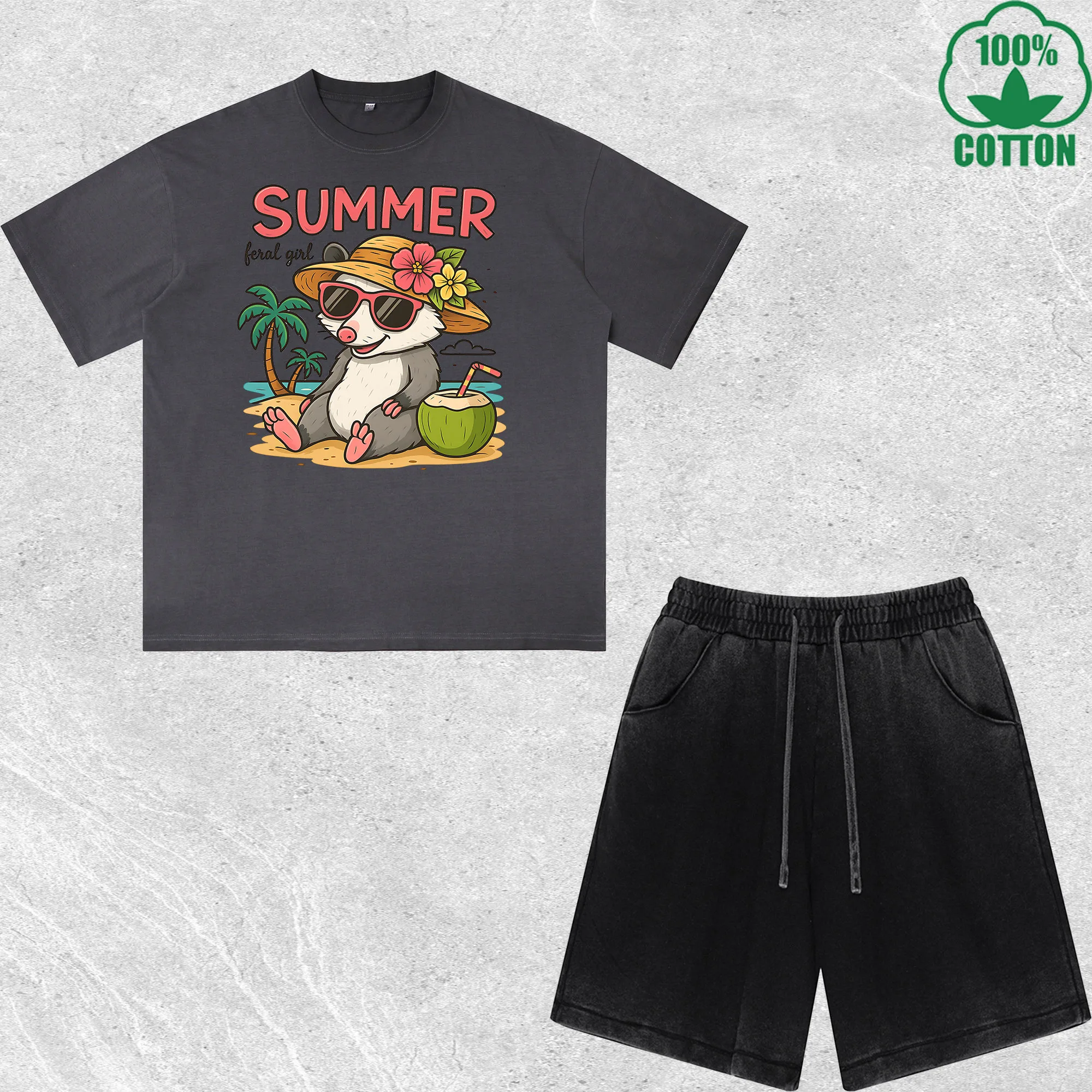 

Summer Feral Girl Printed Dirty Wash T-Shirt Shorts Set Multicolor Combo Loose Trendy Fashionable 100%Cotton