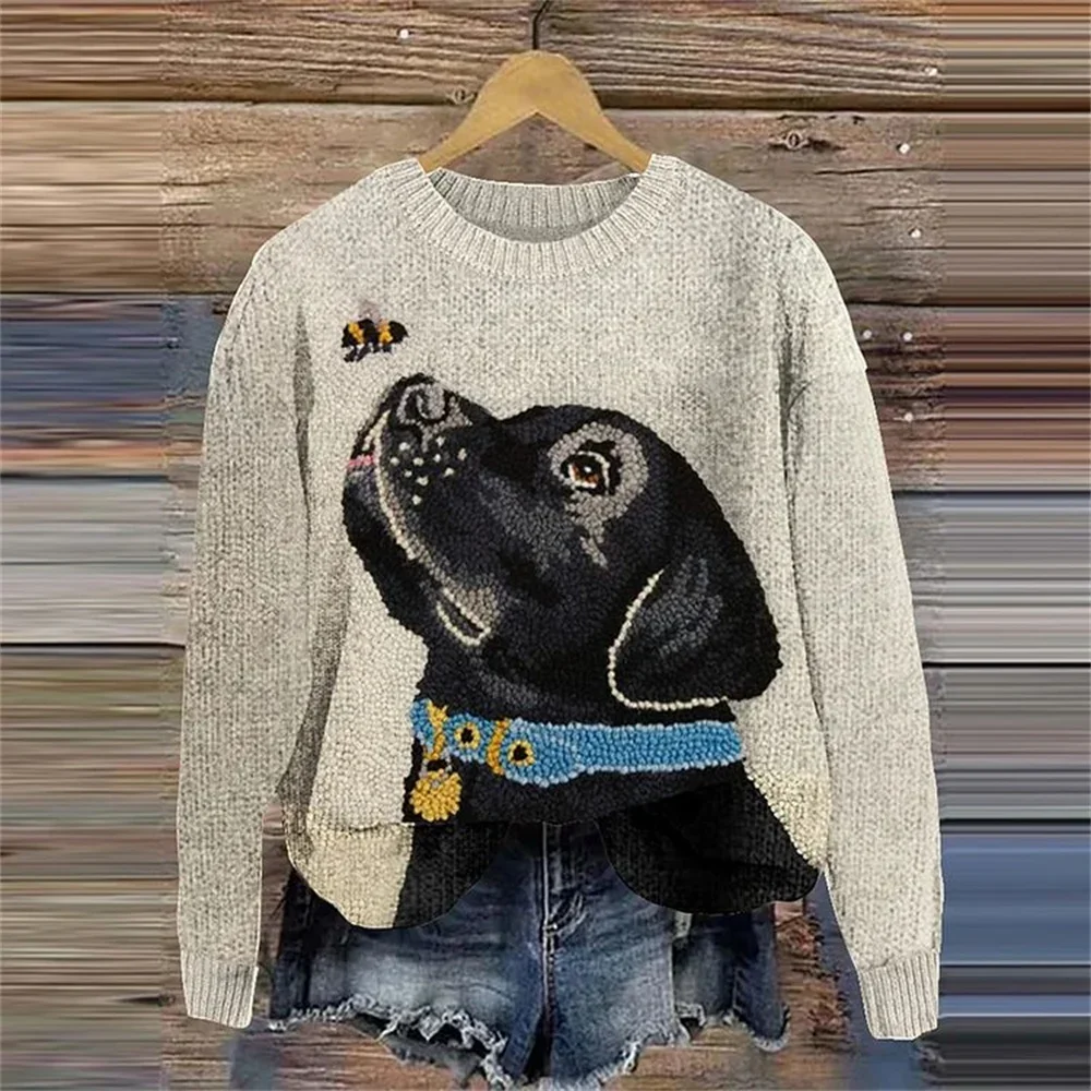 2024 Autumn Fashion Women\'s 3D Printed Cute Dog Long Sleeve Tiki Top Sweater Women\'s Sweater Women\'s Sweater Women\'s Sweater Wom