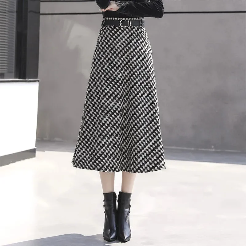 Spring Autumn Mid-Long Big Swing Skirt 2026 New Loose Women's Clothes High Waist A Word Skirt Fashion Houndstooth Female Dress