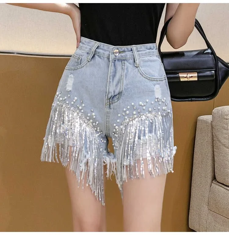 

Womens Summer Denim Shorts 2024 Y2k Elegant Fashion High Waist Diamond Studded Rhinestones Sequin Jean Pants For Ladies