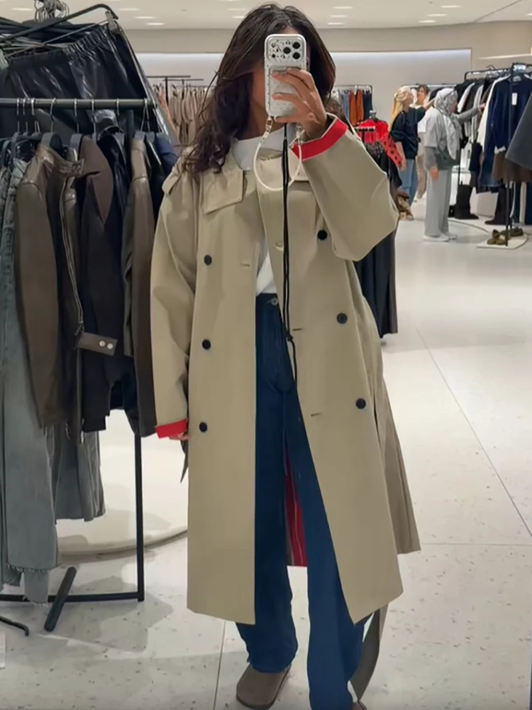 Women Double Breasted Long Trench Coat Elegant Contrast Red Cuff Lapel Belted Windbreaker New Spring Autumn Streetwear Outerwear