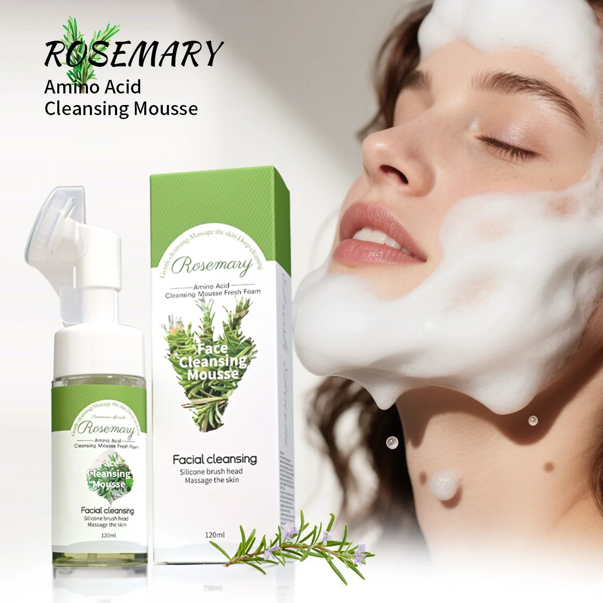 Limpiador Facial de aceite esencial de romero, Mousse refrescante y control de aceite, cabezal de cepillo de silicona suave, limpia profundamente la piel Facial